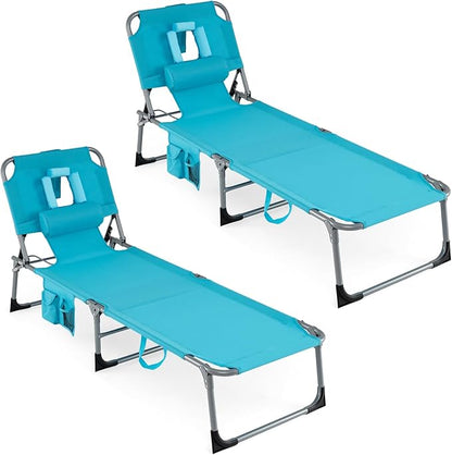 COSTWAY Tanning Chair with Face Hole, Folding Beach Lounge Chair with 4-Position Adjustable Backrest, Pillow & Side Pocket, Foldable Chaise Lounge Chair Outdoor for Sunbathing, Camping (2, Turquoise)