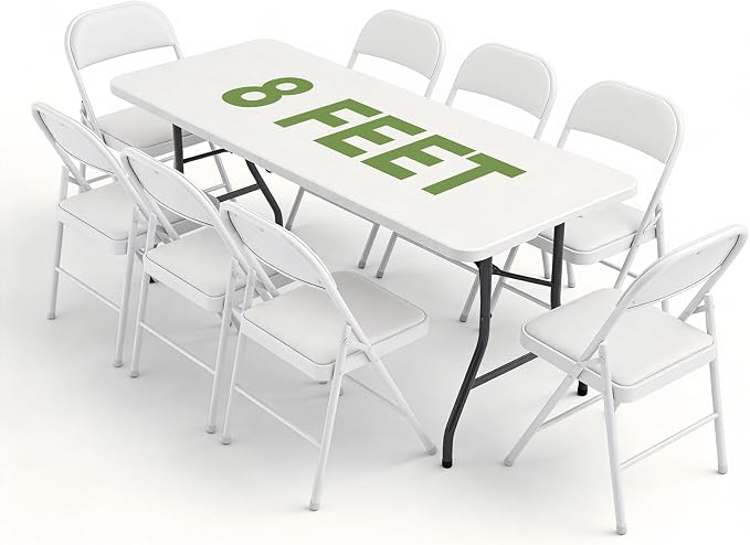 Folding Dining Table Set for 8, 8FT Foldable Plastic Table with Carrying Handle & 8 PU Leather Padded Folding Chairs, Portable Table and Chairs Set for Indoor Outdoor, Party, Wedding, Picnic, Camping