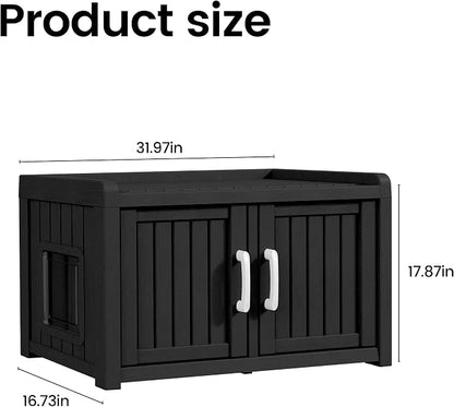 2 Doors Shoe Storage Bench with Cat Cabinet for Entryway, Hallway, Black | 2 Hidden Side Doors Entryway Bench with Seat, Waterproof Resin Shoe Rack for Entryway, Bedroom, Living Room, Indoor/Outdoor