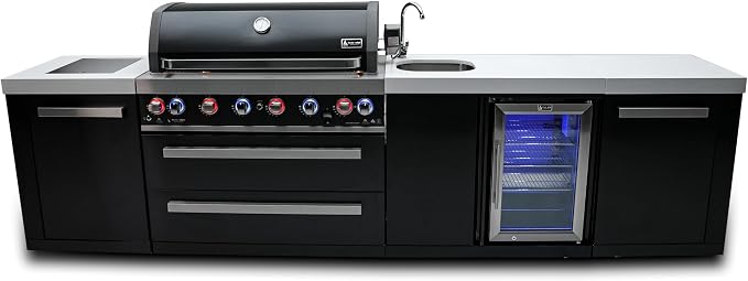 Mont Alpi 132"W x 23"D x 46"H Black Stainless Steel Outdoor Kitchen Island with Refrigerator + 32"W 4-Burner BBQ Grill + Faucet and Sink + Granite Countertops + Storage Cabinets + Rotisserie + Cover