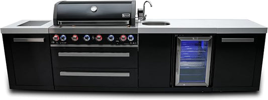 Mont Alpi 132"W x 23"D x 46"H Black Stainless Steel Outdoor Kitchen Island with Refrigerator + 32"W 4-Burner BBQ Grill + Faucet and Sink + Granite Countertops + Storage Cabinets + Rotisserie + Cover