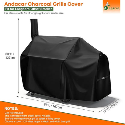 Charcoal Grills Cover for Oklahoma Joe's Longhorn Offset Smoker - 13201747-50, Waterproof Outdoor Grill Cover BBQ Grill Cover Barbeque Grill Cover (Cover Only) - 65" L×37" W×50" H, Black