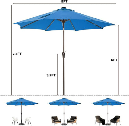 9FT Solar-Powered LED Patio Umbrella with Tilt Crank,Outdoor Market Umbrella with 32 Lights,Sunshade for Deck, Garden and Pool