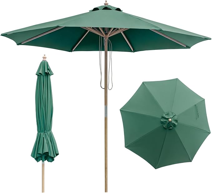 9FT/10FT Wood Patio Umbrella, Large Outdoor Table Pool Umbrella | 205G Olefin/180G Polyester Fabric, Push-Pull Operation Market Umbrella, 8 Rib Vented Canopy, Ideal for Patio, Backyard