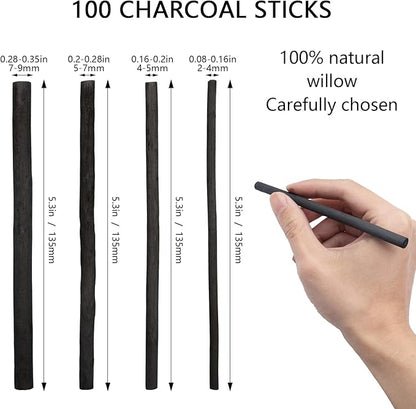 100 Pieces Willow Charcoal Sticks, Willow Charcoal, Soft Black Drawing Charcoal for Sketching and Drawing Art Sketch Artists Supplies, 5.3 Inch in Length (2-4, 4-5, 5-7,7-9 mm)
