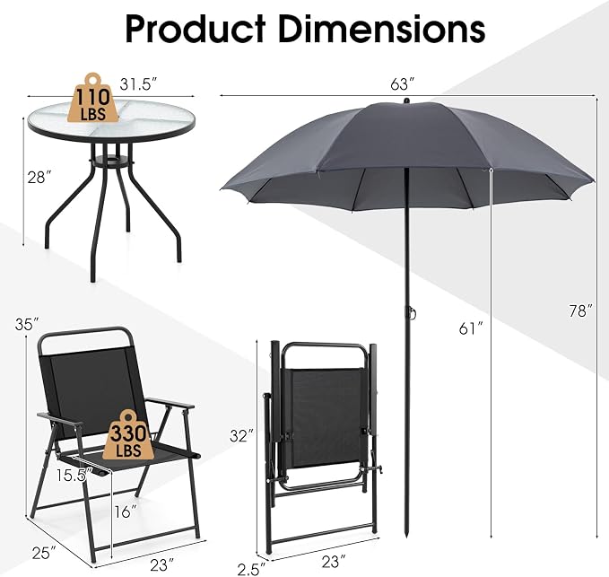 Giantex 6 Pieces Patio Dining Set, Folding Patio Chairs Set of 4, Tempered Glass Umbrella Table with Hole, Patio Table and Chairs for Lawn, Deck, Poolside, Backyard (Grey)
