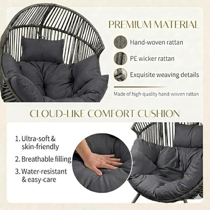 Shintenchi Oversized Outdoor Rocking Chair Set of 2, Wicker Egg Patio Lounge Chair Basket Seat with Thick Cushion, All Weather Indoor Outdoor Porch Rockers for Balcony, Living Room, Lawn Garden
