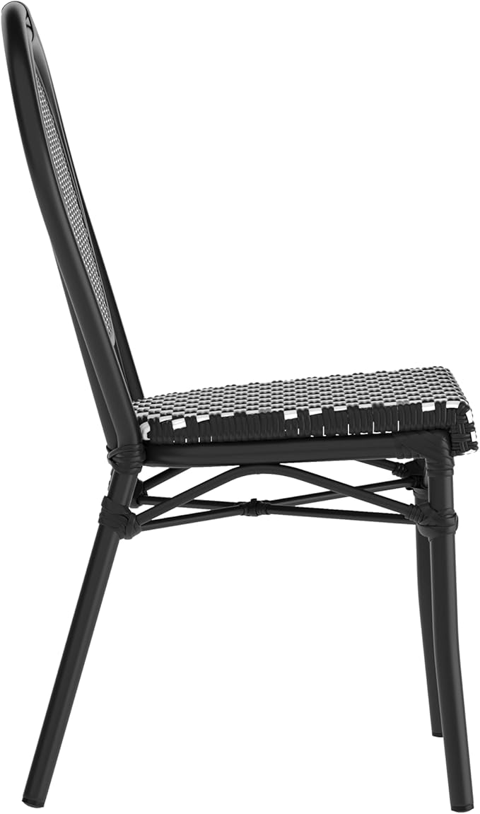 Flash Furniture Lourdes Indoor/Outdoor Commercial Thonet Bistro Stack Chair - Black/White PE Rattan Back and Seat - Black Metal Frame