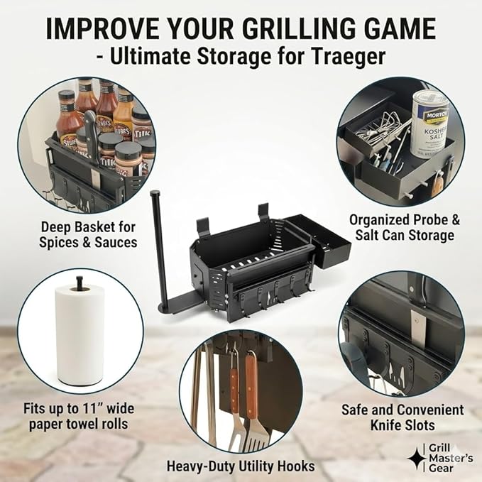 Magnetic Grill Storage Bin for Traeger Grills – Pellet Smoker Accessory Storage Rack – Fits Traeger Ironwood 885, Pro 575, 780, 34, 22, Z Grills, Pit Boss – Grill Organizer with Paper Towel Holder