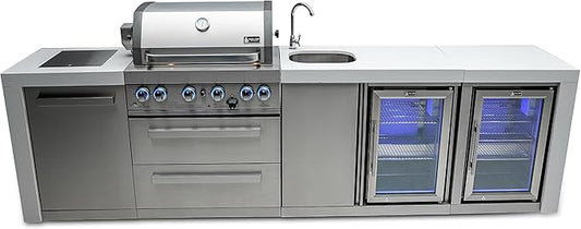 Mont Alpi Premium 120"W x 23"D Deluxe Stainless Steel Modular Outdoor Kitchen Island + 2 Refrigerators + Beverage Center Faucet & Sink + 32"W 4-Burner BBQ Grill + Granite Countertops + Storage + Cover