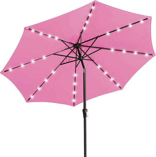 JEAREY 9FT Outdoor Patio Umbrella with Solar Lights, LED Lighted Pool Umbrella with Tilt and Crank, Outdoor Table Umbrellas for Deck, Yard & Market (Rose Pink)