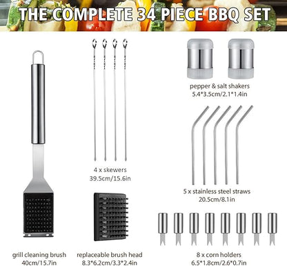 HUSSAR 34PCS BBQ Grill Tools Set Stainless Steel Grilling Accessories with Spatula, Tongs, Skewers for Barbecue, Camping, Kitchen, Complete Premium Grill Utensils Set in Storage Bag, Silver, (BTS-34)