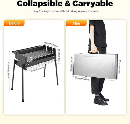 Barbecue Charcoal Grill, Large Foldable Portable Barbecue Grill with Height Adjustment, Perfect for Camping Picnic Hiking Backpacking Outdoor Party