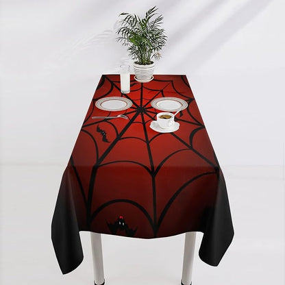 Spider Web Tablecloth, Gothic Black Spider Web Bat Red Water Resistant Wipeable Table Cover for Picnic Party Holiday Kitchen Dinner Table 60"x120"