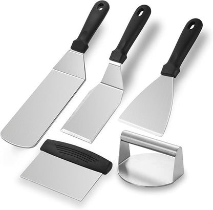 Stainless Steel Griddle Accessories Kit, Amafox 5-Piece Grill Spatula Set with Full Tang Handle- Flat BBQ Grill Griddle Accessories- Spatula Pancake Flipper Hamburger Turner