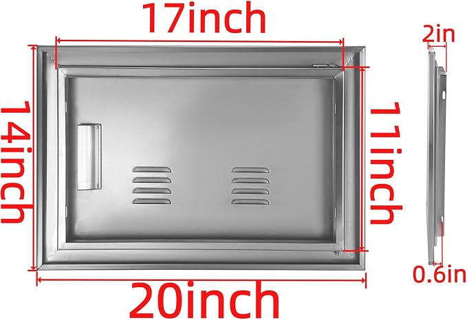 Outdoor Kitchen Door 20" W x 14" H Stainless Steel BBQ Single Access Door Flush Mount Vertical Wall Doors with Handle and Vents Suitable for Grilling Station Outside Cabinet Outdoor Kitchen