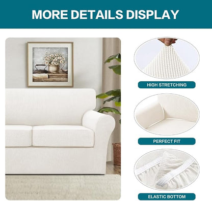 Turquoize 4 Piece Sofa Covers for 3 Cushion Couch Sofa Slipcover Soft Couch Cover for Dogs-Washable Sofa Furniture Cover with 3 Individual Cushion Covers (3 Cushion Sofa, Porcelain White)