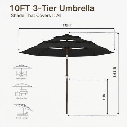 Kingdura 10ft 3-Tier Patio Umbrella, Outdoor Table Umbrella with Easy Crank & Tilt, 8 Reinforced Ribs, UV Protection for Deck, Pool, Market, Backyard (Black)