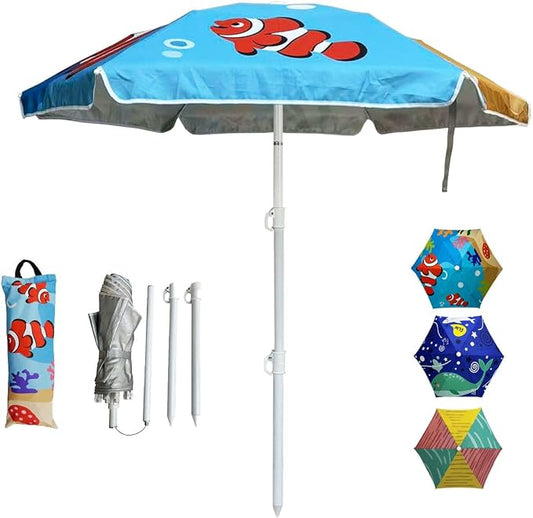 LOTTAFUN Kid 5ft Beach Umbrella Diameter 0.99-1.2 inches Pole UV 50+ Portable Sun Shade with Sand Anchor & Carry Bag, Outdoor Folding Umbrella for Beach,Pool,Patio,Garden (Fish) NO Tilt The sand needs to be over 5 inches above the bottom