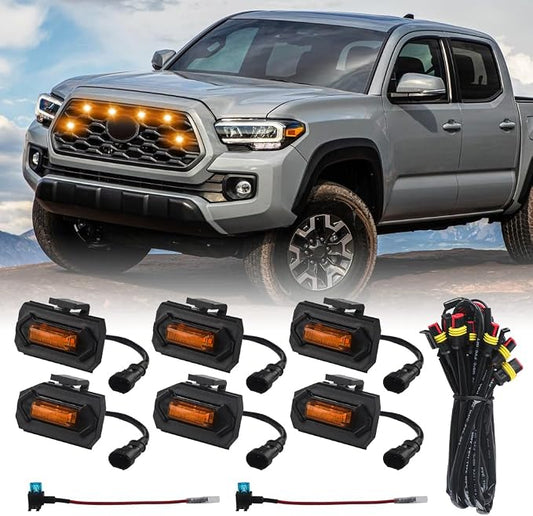 6PCS Amber Grill Light Fit for Tacoma TRD Off Road & Sport OEM 2020-2023 | with Fuse Adaptor, with 4-in-1 Wire Harness, LED Grille Light Bar Compatible with Toyota Tacoma TRD Off Road & Sport OEM