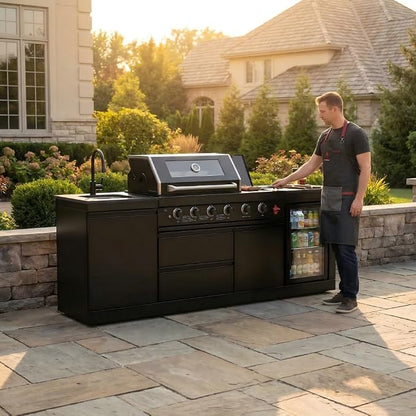 85 Inch Outdoor Kitchen Island, 4-Burner 72000 BTU Propane Gas Outdoor Kitchen Bar Barbecue Island Grill with Side/Rear Burners, With Refrigerator and Sink, Rotisserie, Granite Countertops, Storage