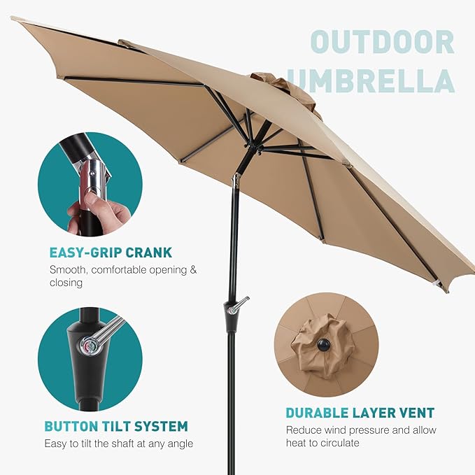OLIXIS 9ft Patio Table Umbrella, Outdoor Patio Umbrella with Tilt for Pool | 9 Feet Patio Umbrella with Crank Button 8 Sturdy Ribs, Waterproof Sun Shade Umbrella for Market Beach Terrace Restaurant