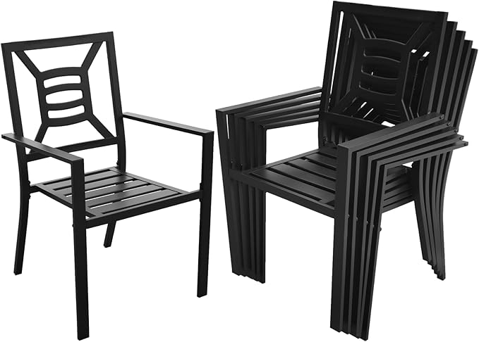 Patio Dining Chairs Set of 6, Stackable Metal Patio Chairs with High Back for Deck Bistro Porch Lawn, Black Wrought Iron Outdoor Dining Chairs