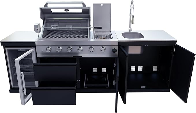 98-Inch 4-Burner Propane Gas Outdoor Kitchen Grill Island - 72000 BTU Stainless Steel BBQ, Refrigerator, Rotisserie, Stainless Countertops, Patio, Lawn, Backyard, Black