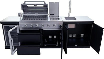 98-Inch 4-Burner Propane Gas Outdoor Kitchen Grill Island - 72000 BTU Stainless Steel BBQ, Refrigerator, Rotisserie, Stainless Countertops, Patio, Lawn, Backyard, Black