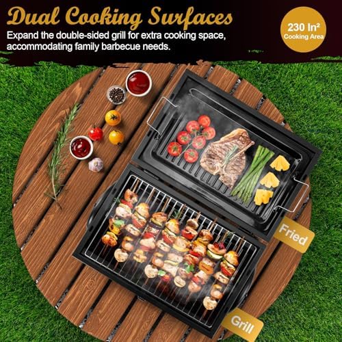 Portable Charcoal Grill with Thermometer & Small Tabletop Barbecue Grill, Joyfair Barbecue Grill for Outdoor Camping Backyard Party BBQ, Small Grill with Food Tray & Rack (2 IN 1 Double-Sided)