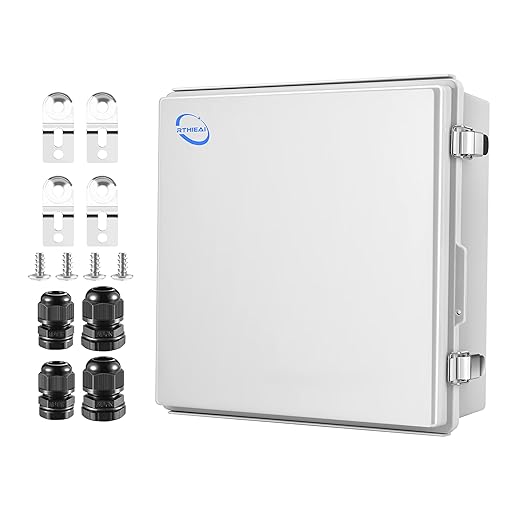 RTHIEAI Waterproof Outdoor IP67 Junction Box (13"x13"x5.1") with Mounting Plate, Hinged Grey Cover and Wall Brackets - Weatherproof ABS Plastic Electrical Enclosure for DIY Projects (330x330x130mm)