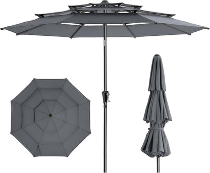 9FT 3-Tier Patio Umbrella, Vented Outdoor Market Table Umbrella | 5-year fade resistant commercial canopy with UPF50+ UV protection. Push button tilt & crank for pool, backyard, deck shade