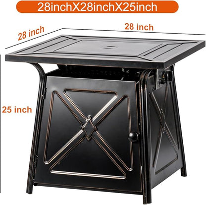 OutVue 28 inch Propane Fire Pit Table,Gas Fire Pits Table for Outside,50000 BTU Propane Firepit with Lid &Lava Rocks,Gas Firepit for Garden,Yard (Black)