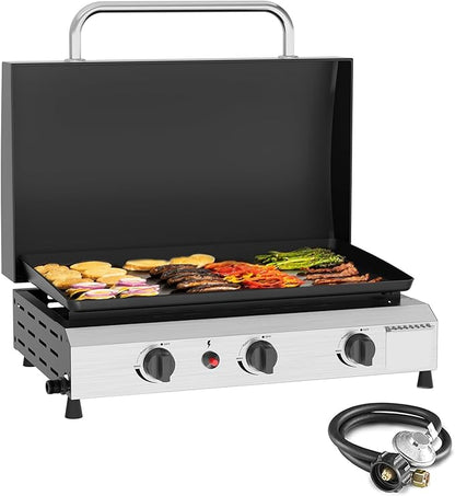 SKOK 3 Burner Gas Griddle with Hood- 23.3 Inch Outdoor Propane Griddle-45000 BTU Propane Fuelled, Portable Flat Top Gas Grill Camping Griddle with Lid