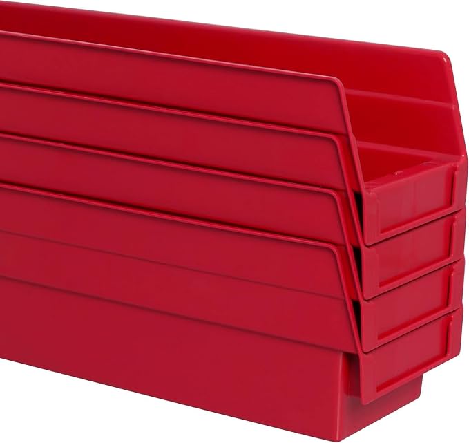 Akro-Mils 30124 Heavy Duty Plastic Shelf Bins, 24"x 4"x 4", Red, 12-Pack | Heavy Duty Nesting Storage Bins for Garage, Closet, Refrigerator, Kitchen, Cabinet, Drawer Organization, Pantry Organization