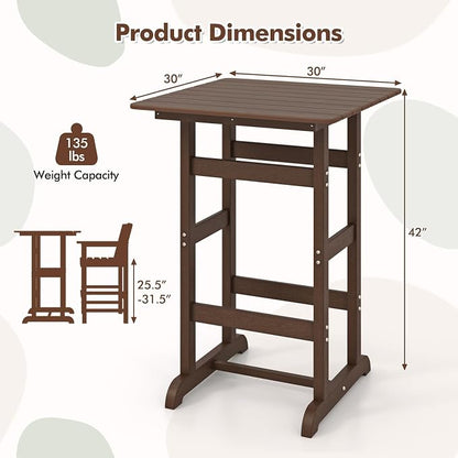 GIANTEX 42" Height Outdoor Tall Bar Table, HDPE Square Pub Tables with Wood Grains, High Top, Cocktail Bistro Table for Adirondack Chairs, Patio, Garden, Poolside, Yard, Balcony, Brown