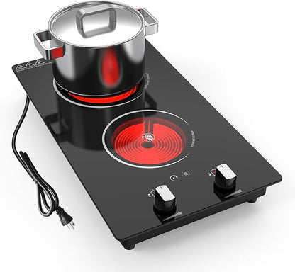 2 Burner Electric Cooktop, 2100W Electric Stove Top Hot Plate, 12 inch Countertop Burner & Built-In Stove Top, 9 Levels of Power, Knob Control, Timer & Kid Safety Lock, Residual Heat Warning