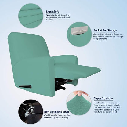 PureFit Stretc Recliner Chair Covers Fleece Soft Couch Covers for Sofa | Cyan 4-Pieces Recliner Slipcover Pocket Couch Protector, Fleece Sofa Cover Washable with Non Slip Elastic Bottom