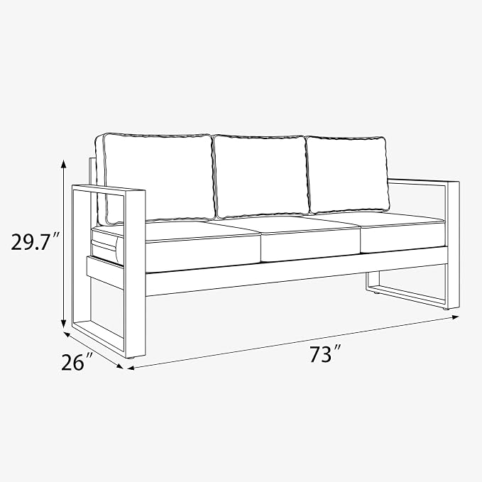 LayinSun Outdoor Patio Aluminum Sofa, Metal Modern 3-Seat Couch with Washable Thick Cushions