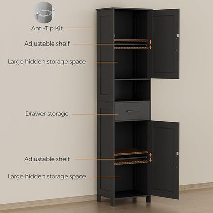 Homhedy 67" H Tall Bathroom Storage Cabinet with Barn Doors and Drawer | Narrow Storage Unit with Adjustable Shelves, Floor Cabinet for Bathroom, Living Room, Entryway or Kitchen, Black, 15.7" W