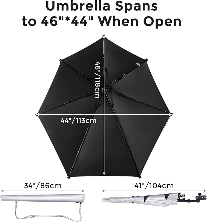 G4Free Beach Chair Umbrella with Universal Clamp UPF 50+ Golf Cart Umbrella | 46"x44" Large Canopy Sun Umbrella UV Protection, Adjustable Clamp for Beach Chair/Wheelchair/Stroller, 360° Flex Shaft, 7 Rib