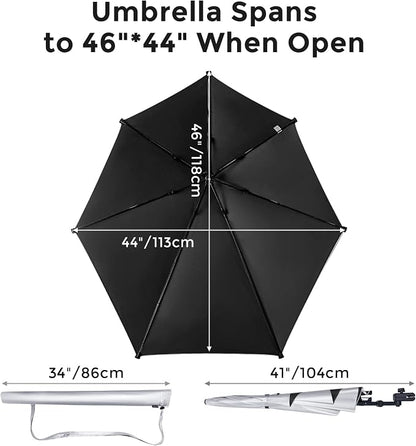 G4Free Beach Chair Umbrella with Universal Clamp UPF 50+ Golf Cart Umbrella | 46"x44" Large Canopy Sun Umbrella UV Protection, Adjustable Clamp for Beach Chair/Wheelchair/Stroller, 360° Flex Shaft, 7 Rib