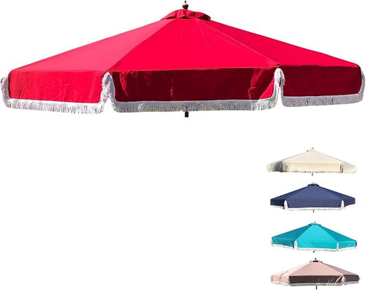 FORMOSA 9ft 6 Rib Market Premium Patio Umbrella Replacement Canopy - 300D UV Protective and Water Resistant Patio Canopy - Umbrella Replacement Cover (CANOPY ONLY) (Red Fringe)