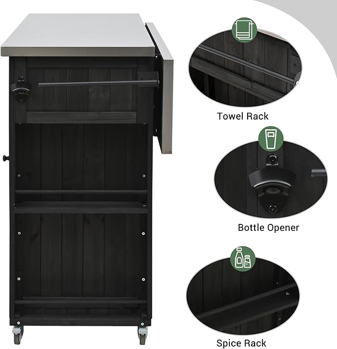 Outdoor Kitchen Island Fir Wood Kitchen Island with Stainless Steel Top,Ample Storage Space, Towel and Spice Racks and a Bottle Opener for Outdoor (Black@53)