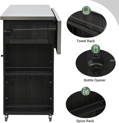 Outdoor Kitchen Island Fir Wood Kitchen Island with Stainless Steel Top,Ample Storage Space, Towel and Spice Racks and a Bottle Opener for Outdoor (Black@53)