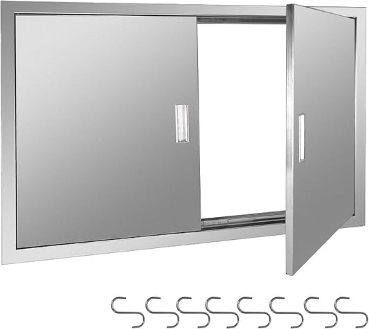 Outdoor Kitchen Door 39" W x 26" H Stainless Steel BBQ Double Access Door Flush Mount Vertical Wall Doors with Handle and Hooks Suitable for Grilling Station Outside Cabinet Outdoor Kitchen