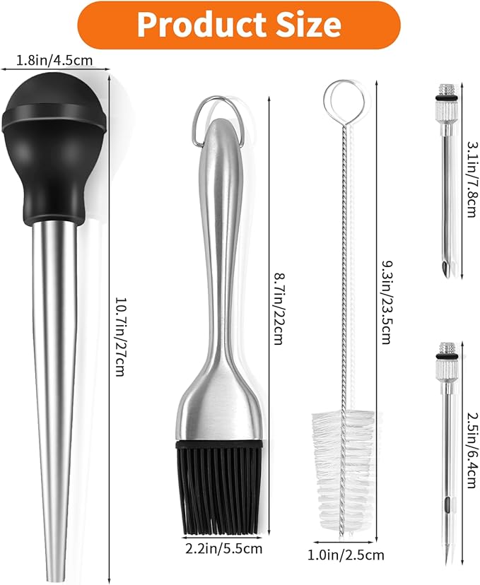 Stainless Steel Turkey Baster, Turkey Basters for Cooking, Turkey Baster Sets -Syringe, 2 Detachable Marinade Injector Needles, Cook and Cleaning Brush, for Flavor Meat Poultry, Beef & Chicken Cooking