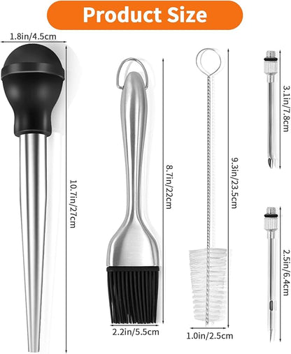 Stainless Steel Turkey Baster, Turkey Basters for Cooking, Turkey Baster Sets -Syringe, 2 Detachable Marinade Injector Needles, Cook and Cleaning Brush, for Flavor Meat Poultry, Beef & Chicken Cooking