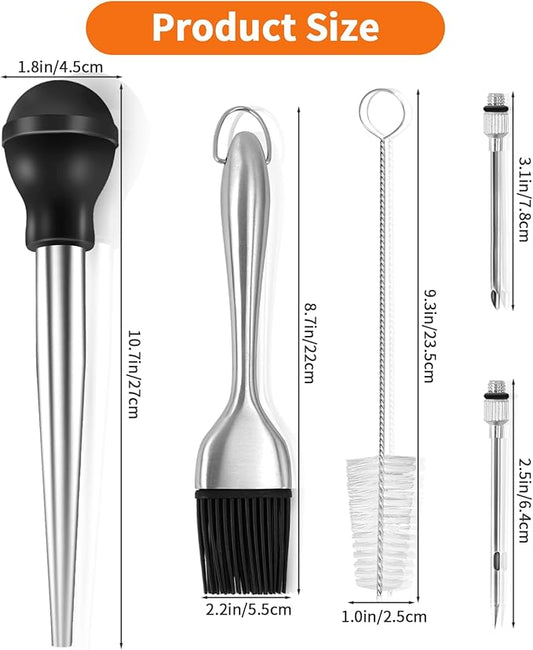 Stainless Steel Turkey Baster, Turkey Basters for Cooking, Turkey Baster Sets -Syringe, 2 Detachable Marinade Injector Needles, Cook and Cleaning Brush, for Flavor Meat Poultry, Beef & Chicken Cooking