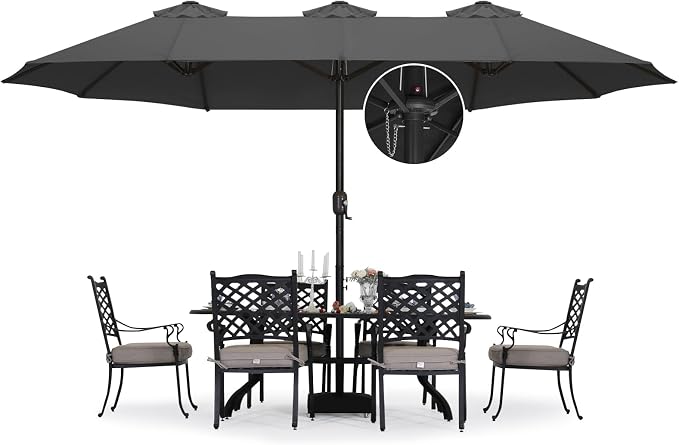 ABCCANOPY 15FT Double-Sided Rectangle Patio Umbrella with Base, Dark Gray | Rectangular Outdoor Table Umbrella with Crank, Heavy Duty Market Umbrella Shade for Garden,Poolside, Lawn, Backyard